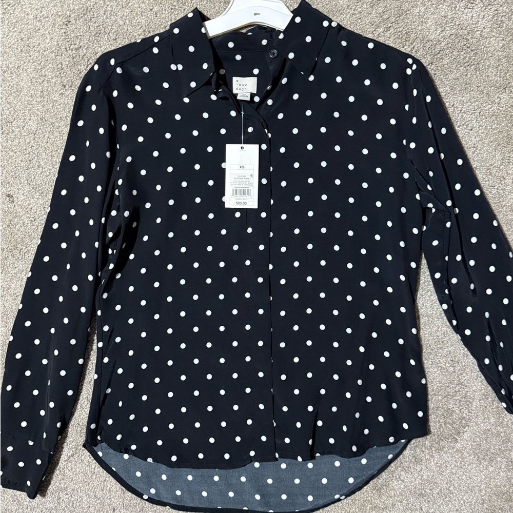 A New Day Navy and White Polka Dot Blouse